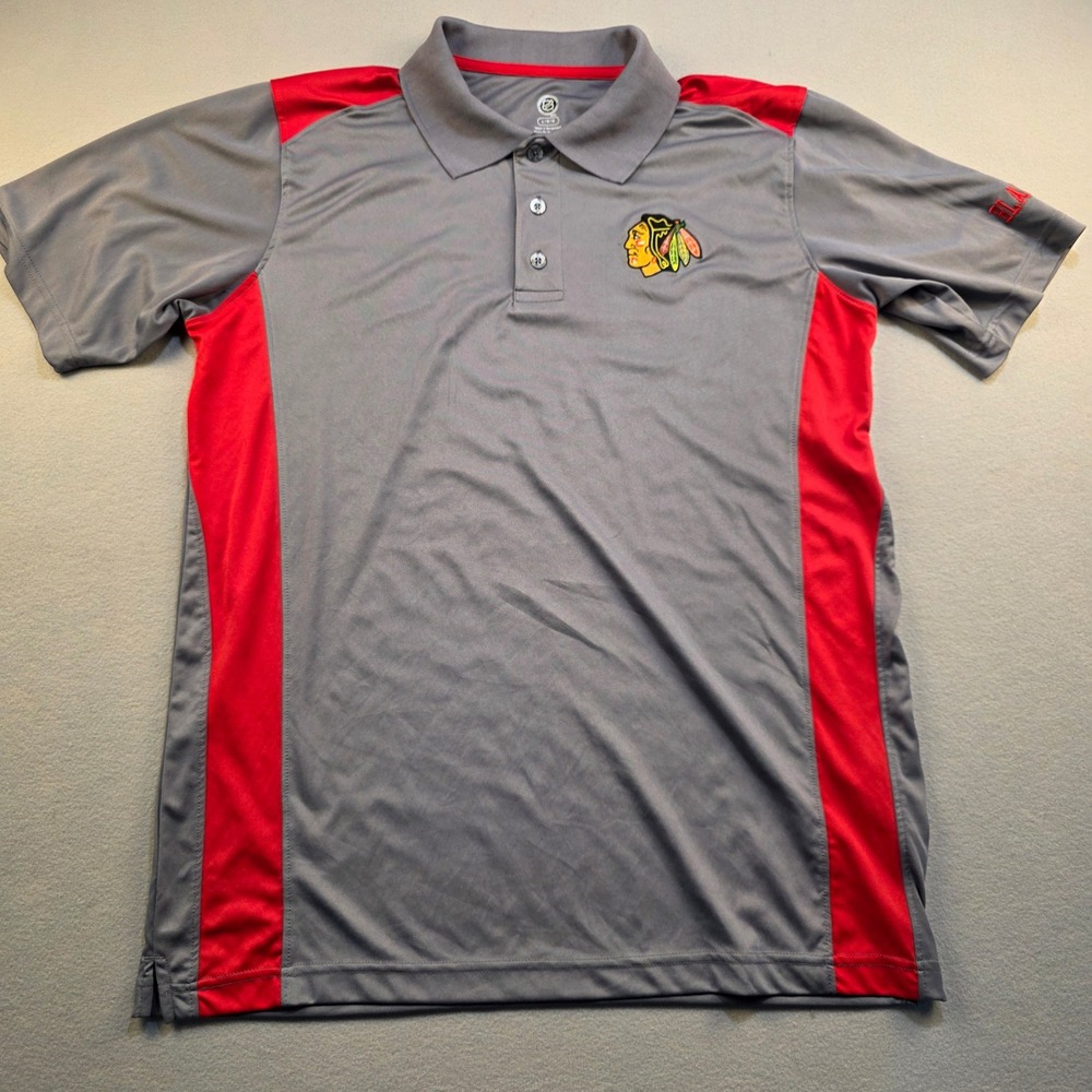 NHL Chicago Blackhawks Mens Large Grey Red Performance Polo Shirt‎ Embroidered